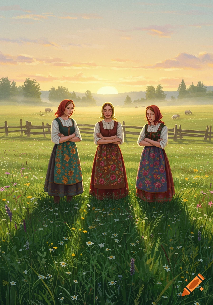 Three women in colorful traditional dresses and headscarves stand in a wildflower field at sunset, with a fence, trees, and sheep.