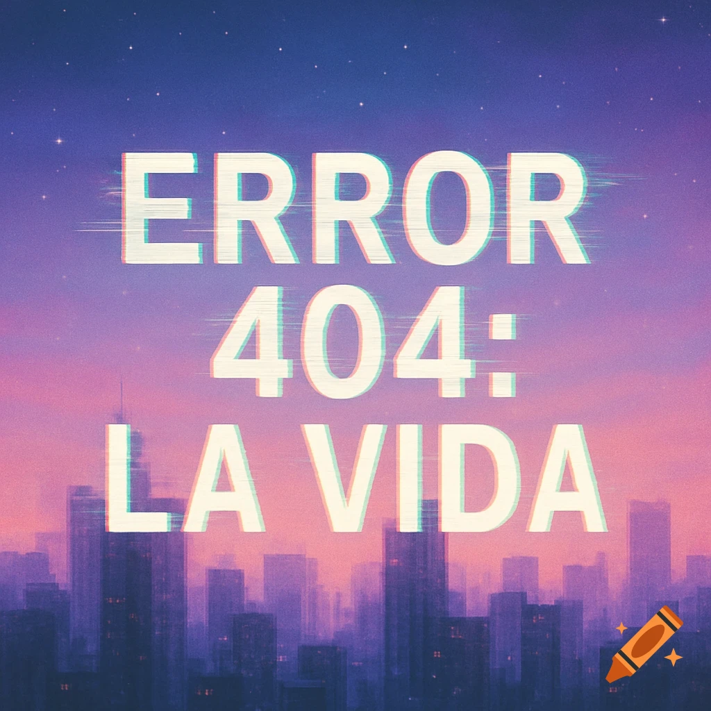 Vaporwave style image with 'ERROR 404: LA VIDA' in glitchy text over a purple and pink city skyline at dusk.