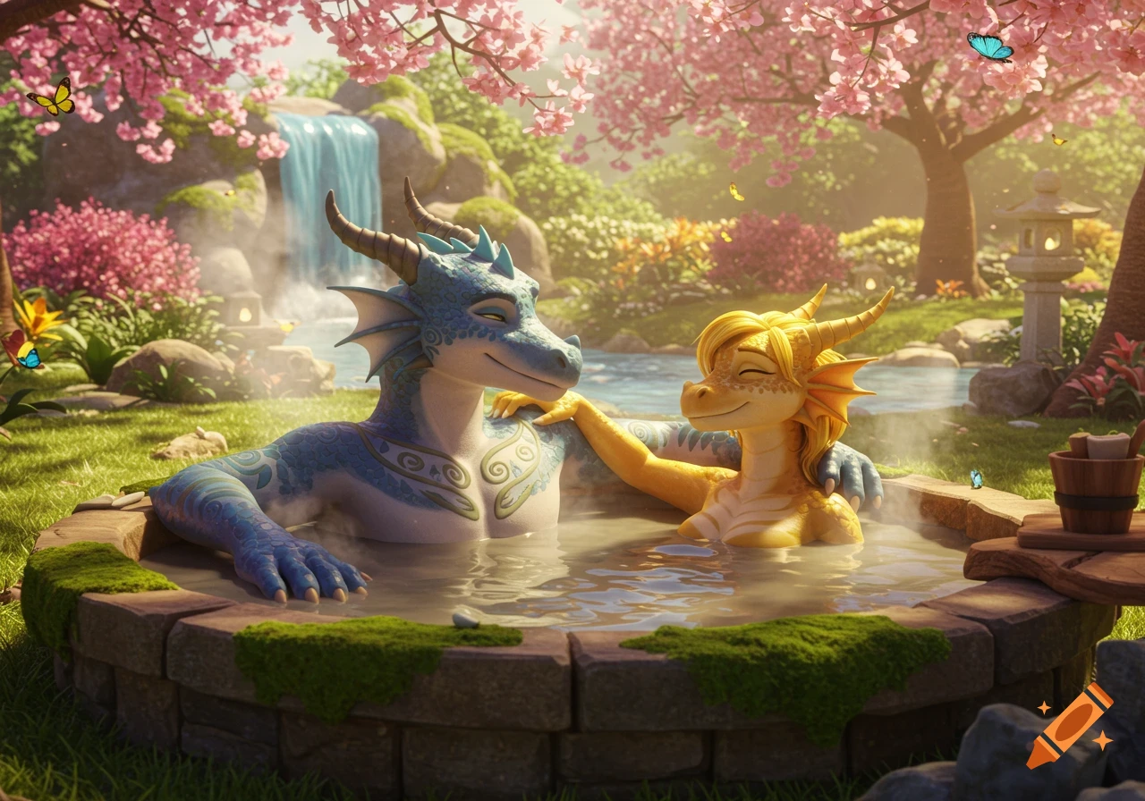 A happy blue and yellow anthropomorphic dragon couple relaxing in a steaming outdoor hot tub with cherry blossoms and a waterfall, 3D animated.