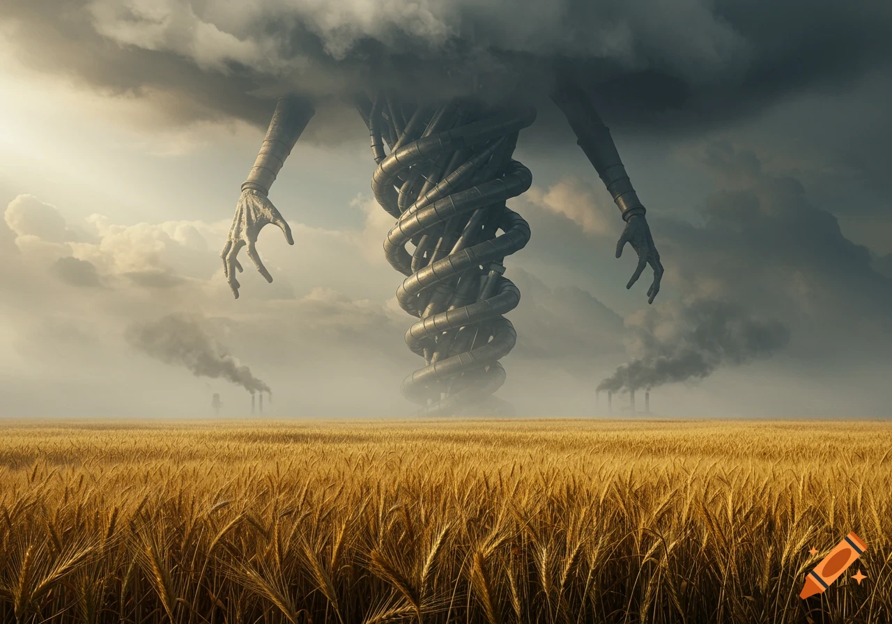 A monstrous, cloud-like entity with twisted metallic arms looms over a golden wheat field with distant smokestacks, in a surreal, photorealistic style.