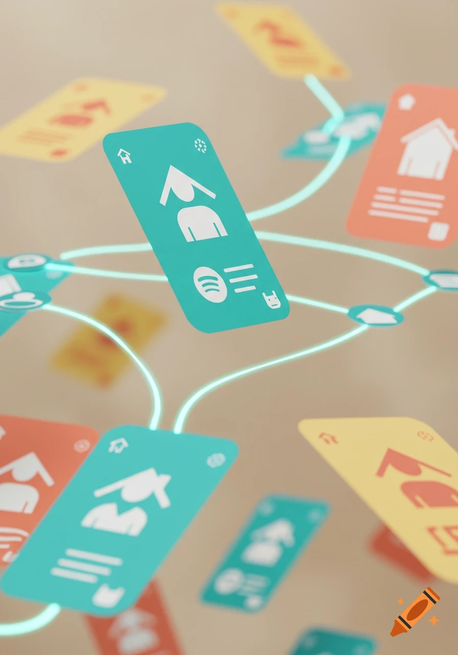 A modern illustration of floating property-like cards with house, person, and Spotify icons, connected by glowing lines.