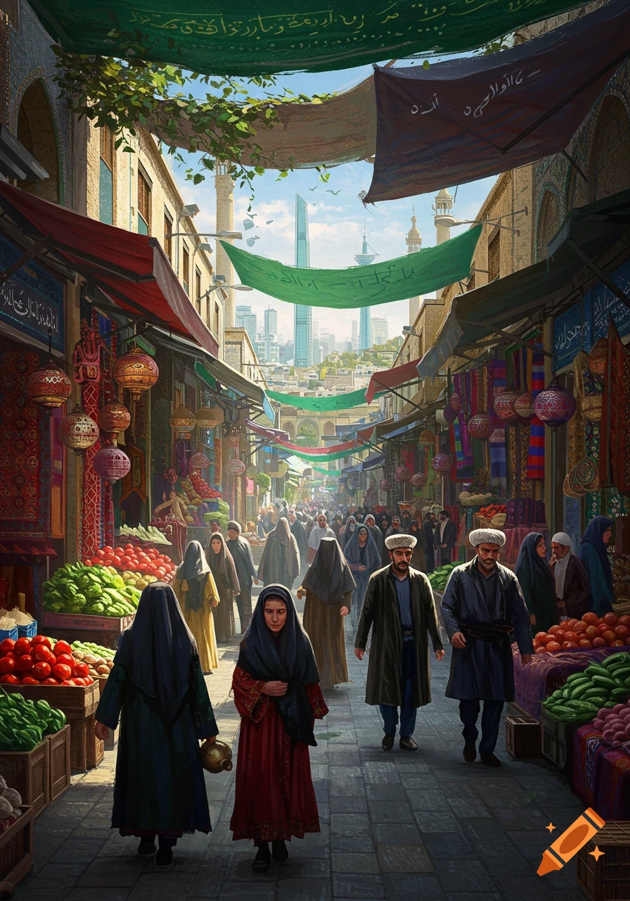 Vibrant painting of a bustling Tehran market street with people in traditional clothing shopping, modern skyscrapers in the background.