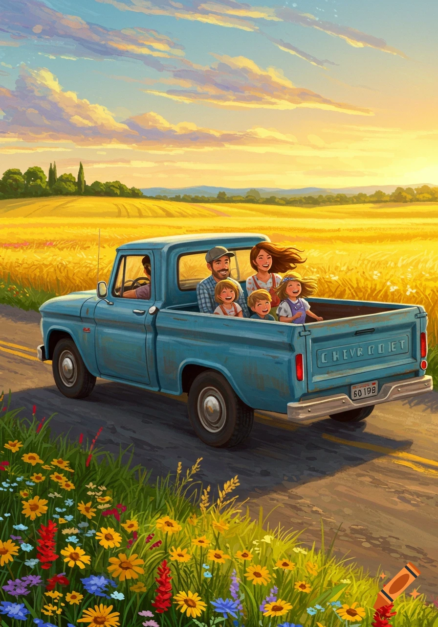 Vibrant illustration of a family riding in a blue pickup truck down a country road at sunset, with golden fields and wildflowers.