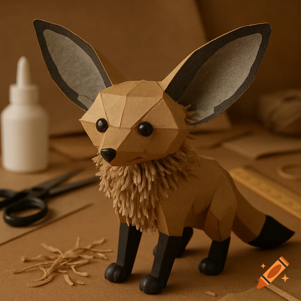 A brown papercraft bat-eared fox with large ears and textured fur sits on a craft table with scissors, glue, and a ruler.