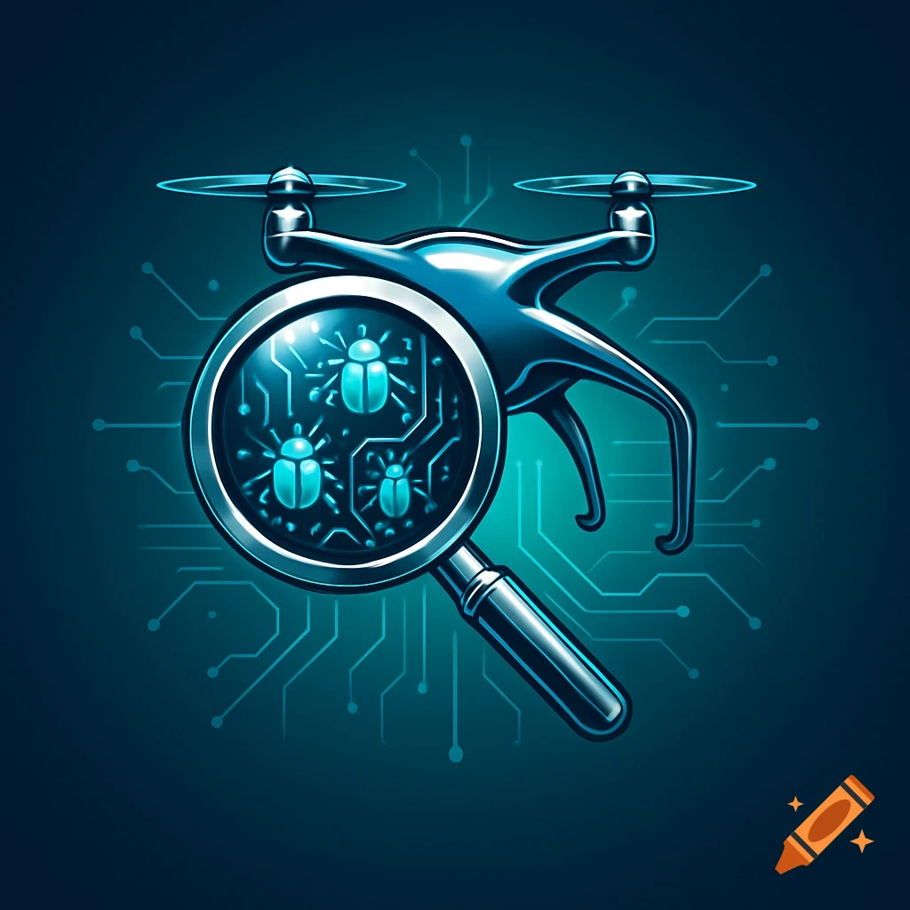 A shiny blue technological logo featuring a drone and a magnifying glass revealing stylized computer bugs on a circuit board.