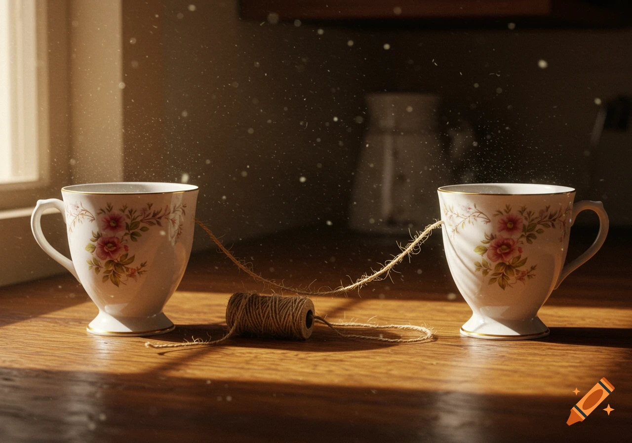 Two ornate teacups with floral patterns connected by a piece of twine on a wooden table, illuminated by sunlight and dust motes.