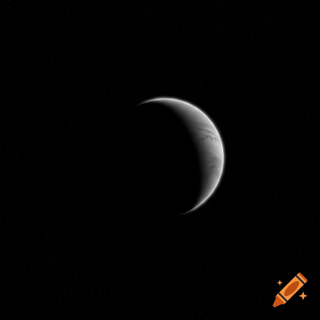 A crescent-shaped planet with subtle textures, glowing white on one edge against a dark, star-filled black sky.