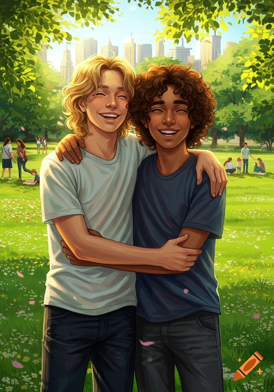 Two smiling young men hug in a sunny park with green trees, flowers, and distant city buildings, in a digital art style.