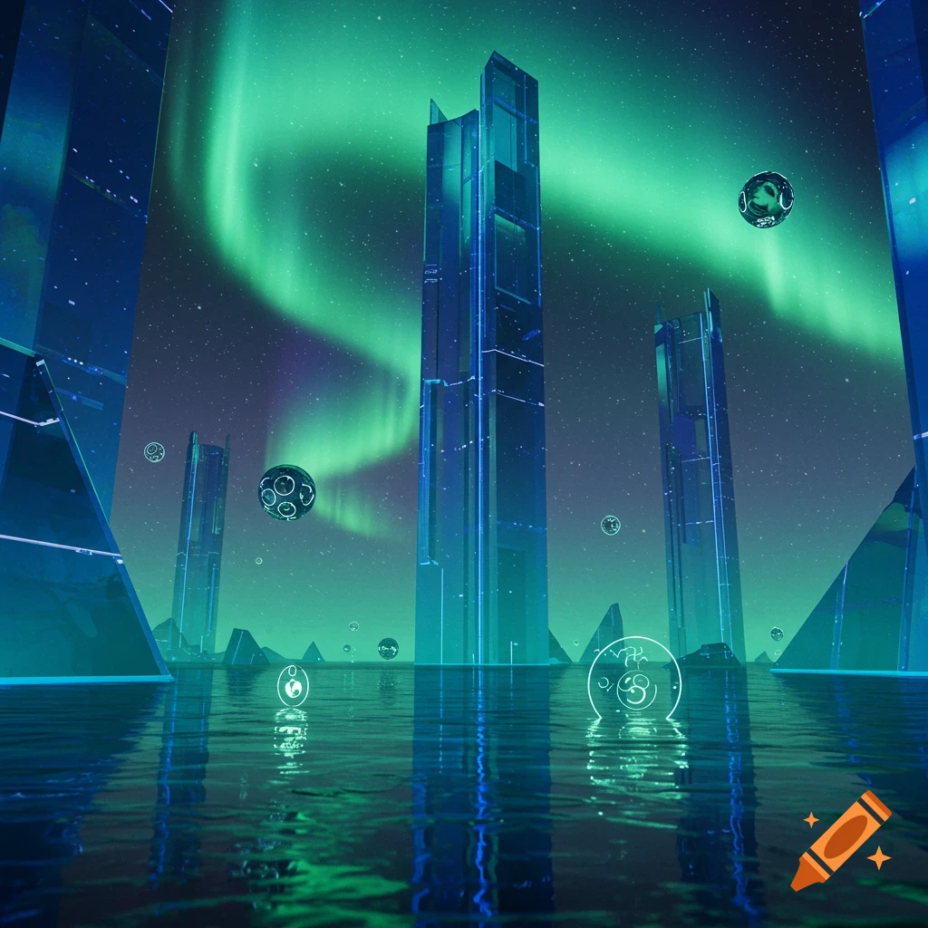 A futuristic city with tall, translucent blue-green buildings rising from reflective water under a vibrant green aurora borealis sky, with floating ornate spheres.