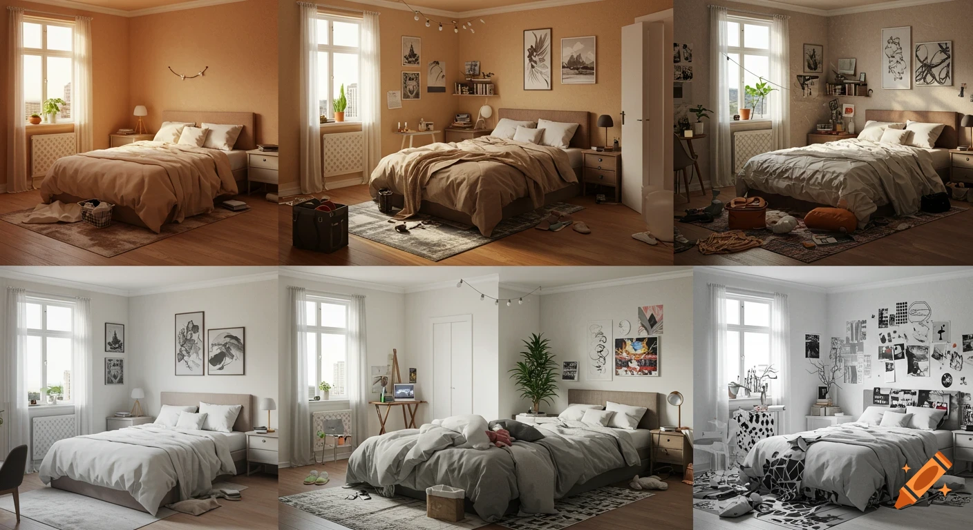 A grid of six photorealistic bedroom interiors, showing variations in tidiness, style, and color schemes from warm to cool.
