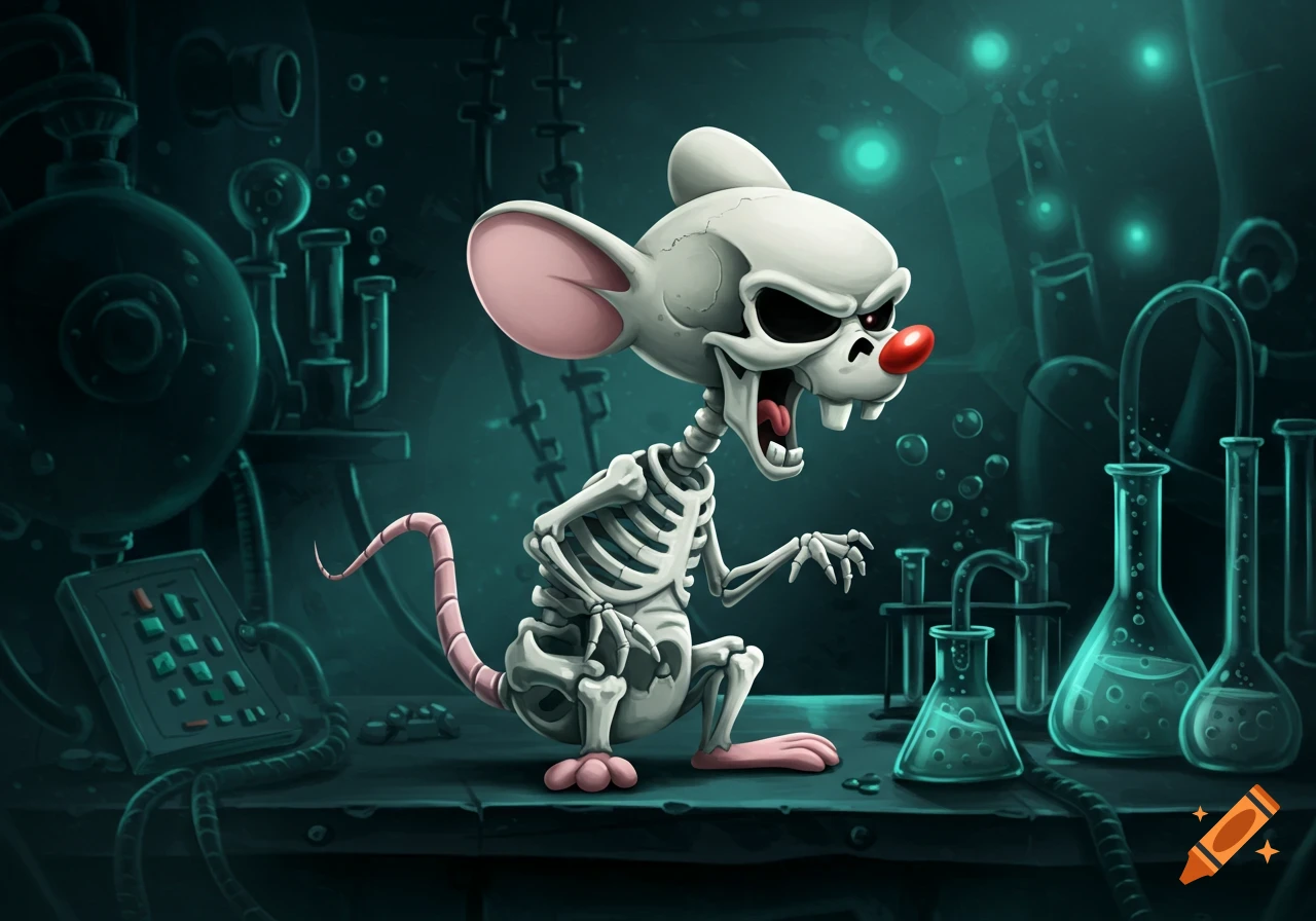 A cartoon skeletal mouse, Brain from Pinky and the Brain, stands menacingly in a dark, blue-lit laboratory with beakers and equipment.