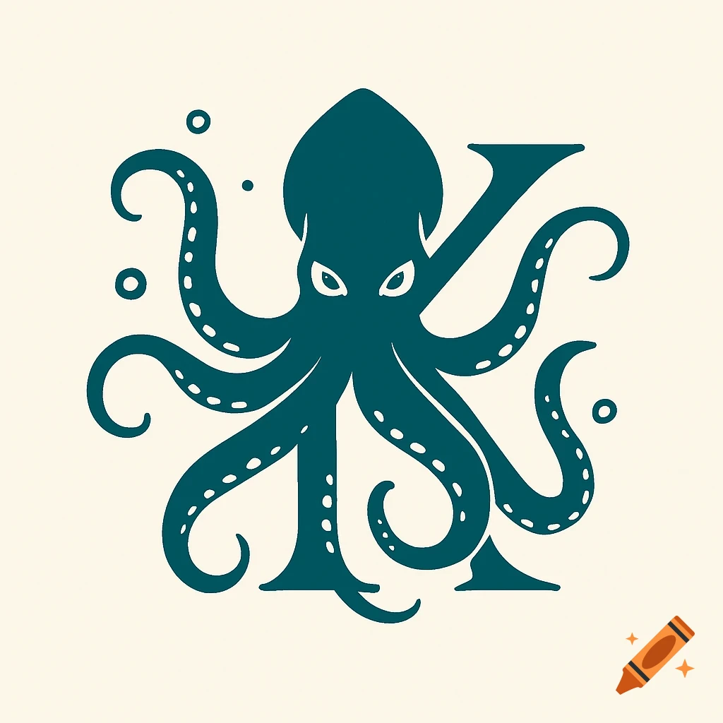 Stylized teal kraken with tentacles forming the letter K on a light cream background, vector art.