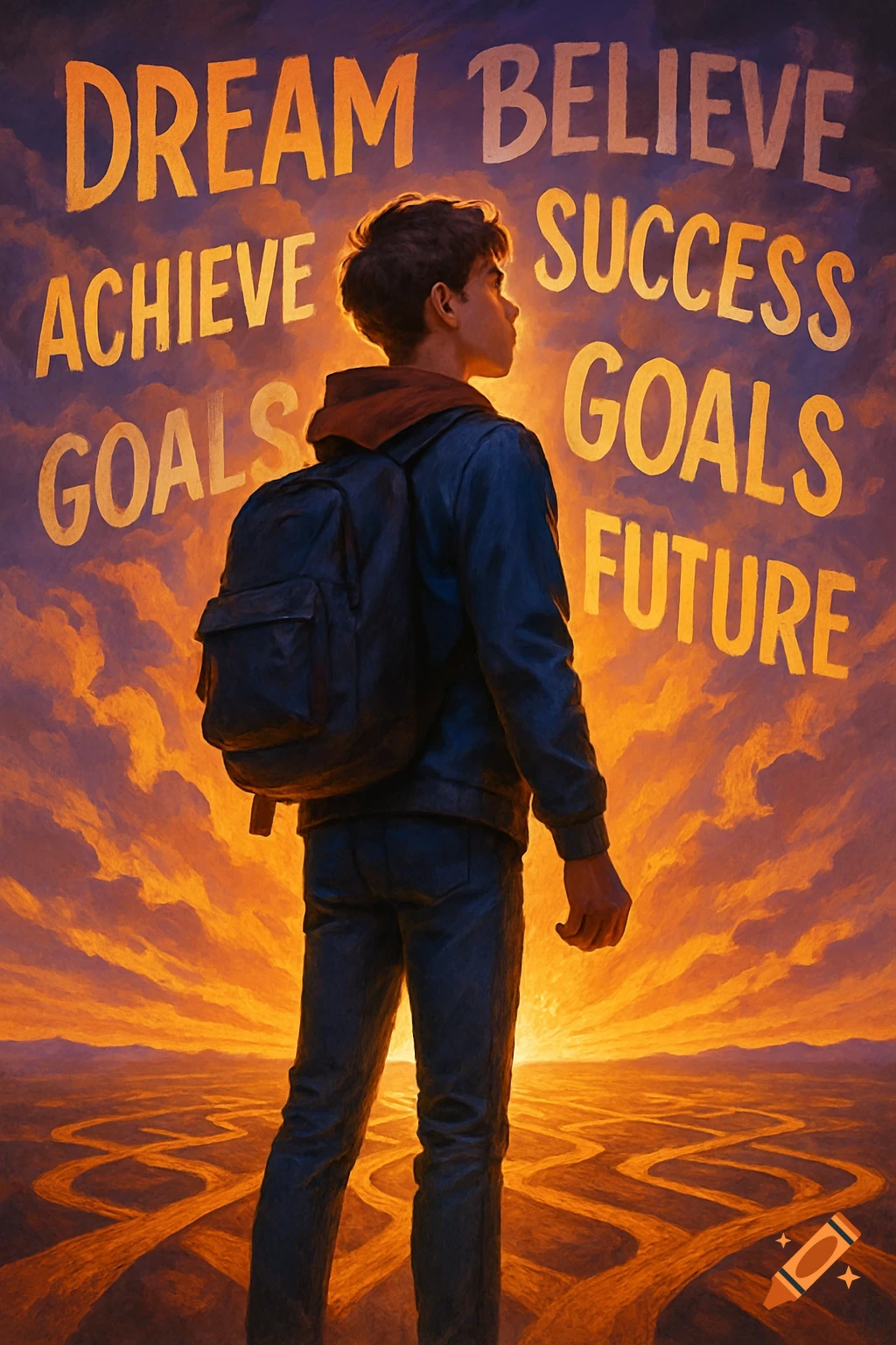 A young person with a backpack stands on a winding path at sunrise, looking up at motivational words like DREAM, BELIEVE, ACHIEVE in the sky, digital art.
