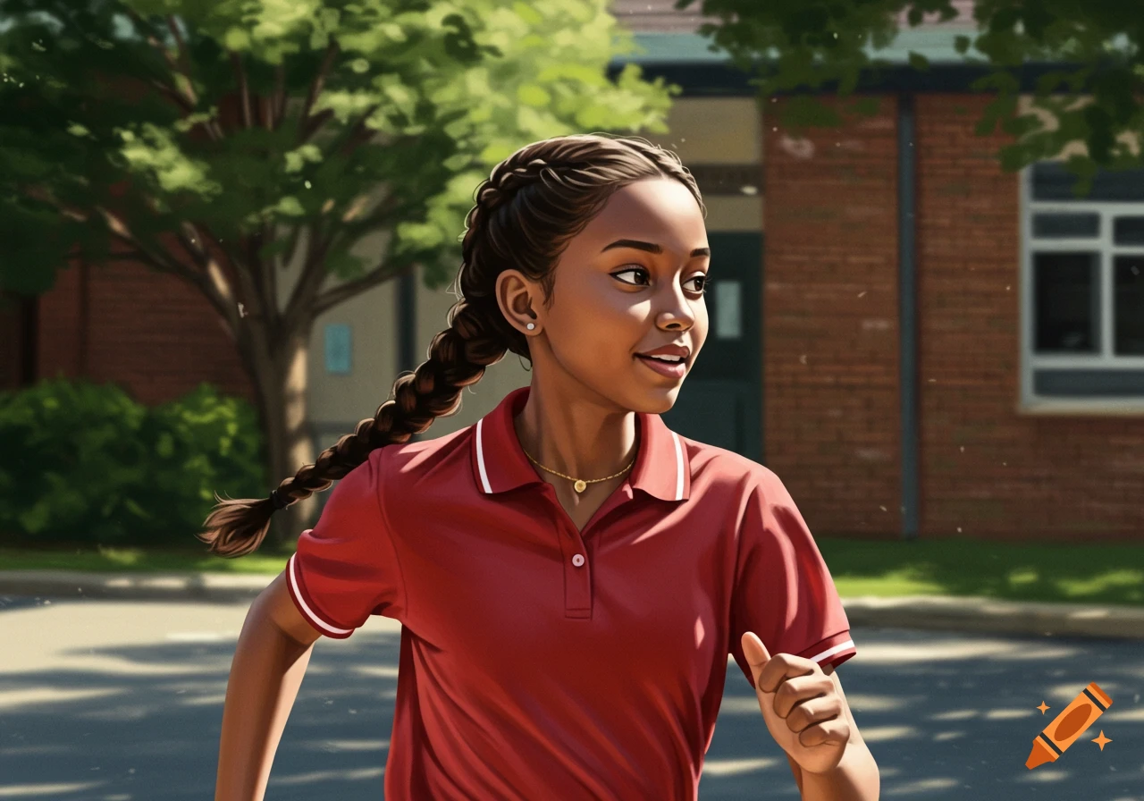 Illustrated brown girl with a side braid, gold necklace, and red polo, running outside a school.