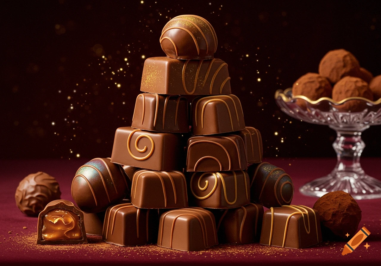 A photorealistic pyramid of assorted chocolate bonbons and truffles with golden decorative swirls on a dark red background.