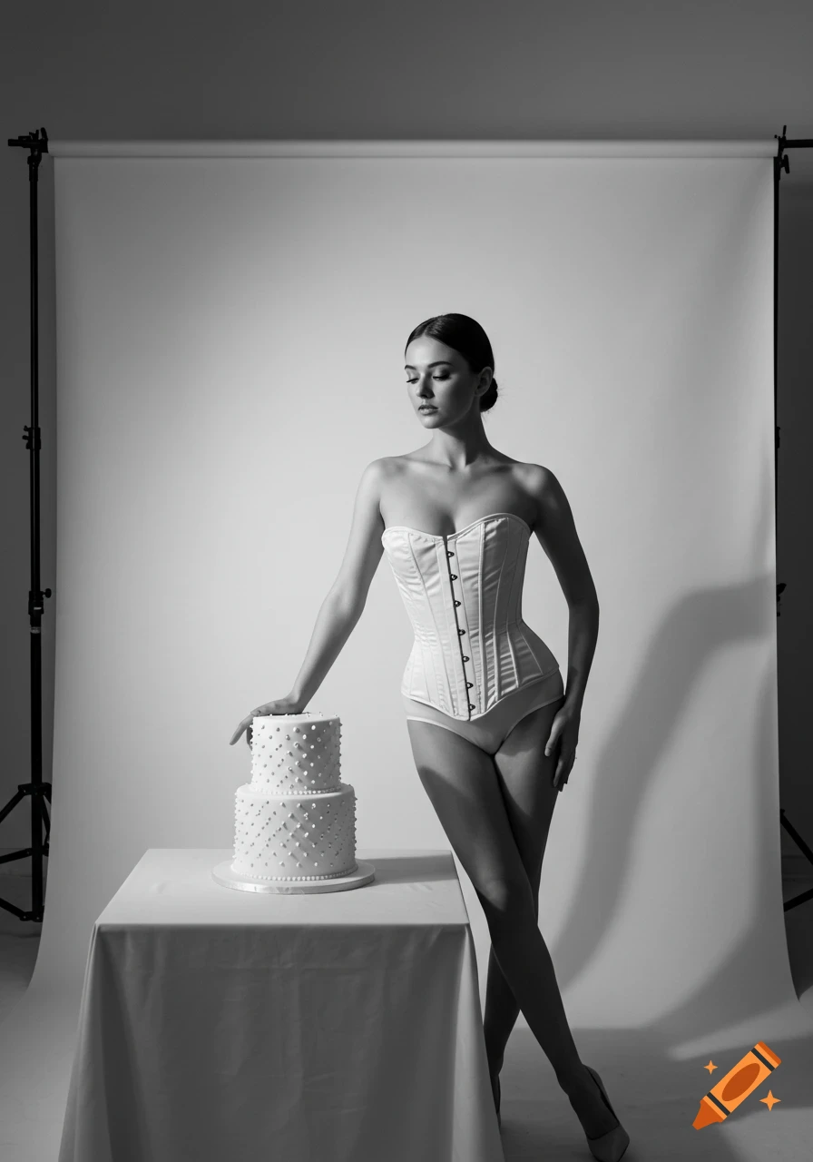 A black and white studio portrait of a woman in a white corset and briefs posing with a two-tier white cake.