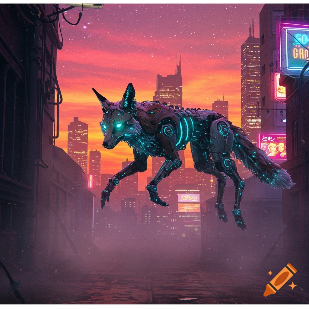 A glowing blue and black robotic wolf-like creature floats in a cyberpunk city alleyway at sunset.