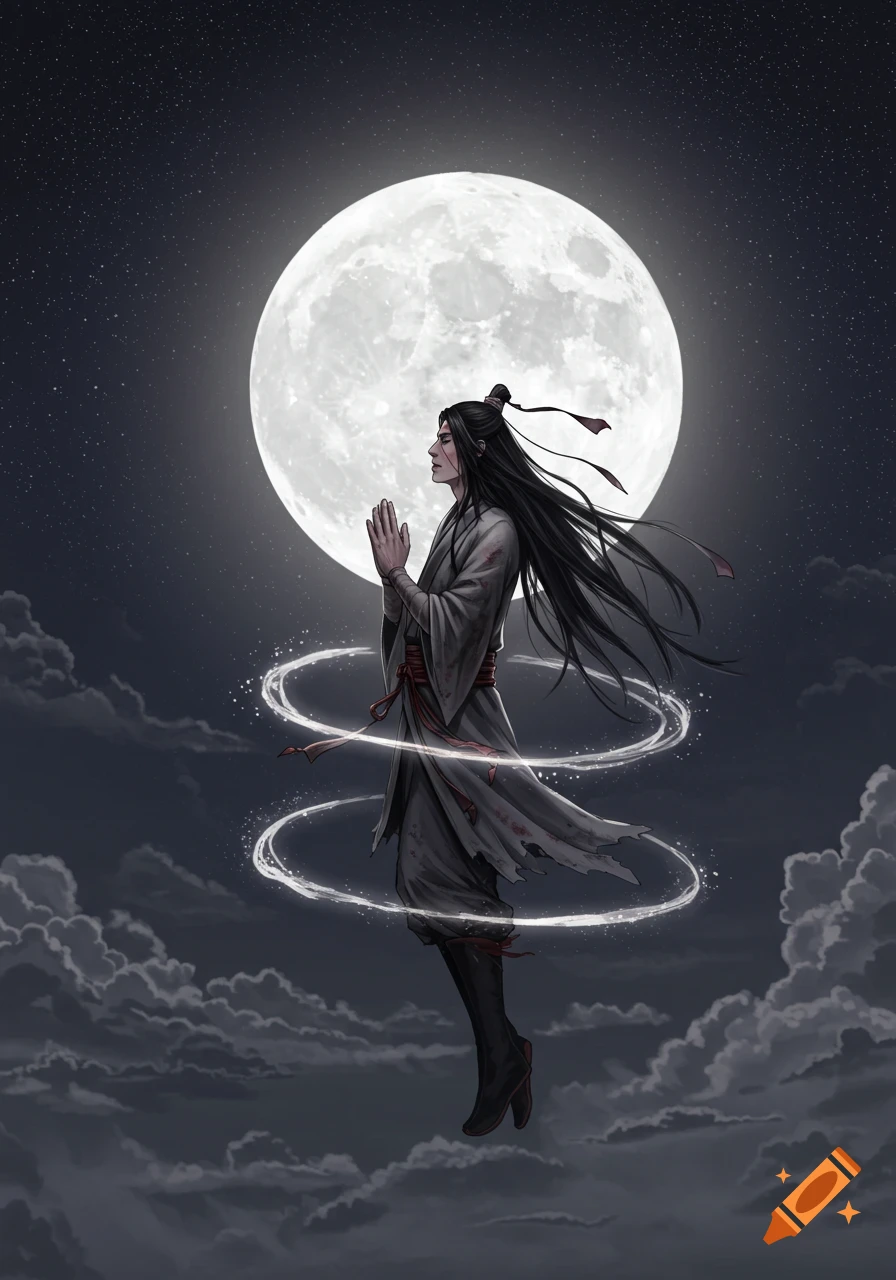 An illustrated xianxia cultivator with long dark hair, wearing a shabby robe, floats praying before a large full moon in a starry night sky.