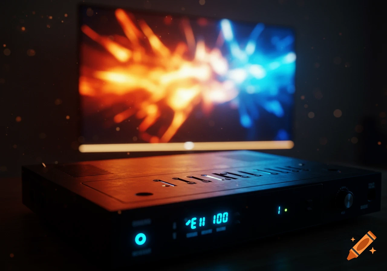 A black digital receiver with glowing blue display in a dark room, a TV screen with abstract orange and blue colors blurred in the background.