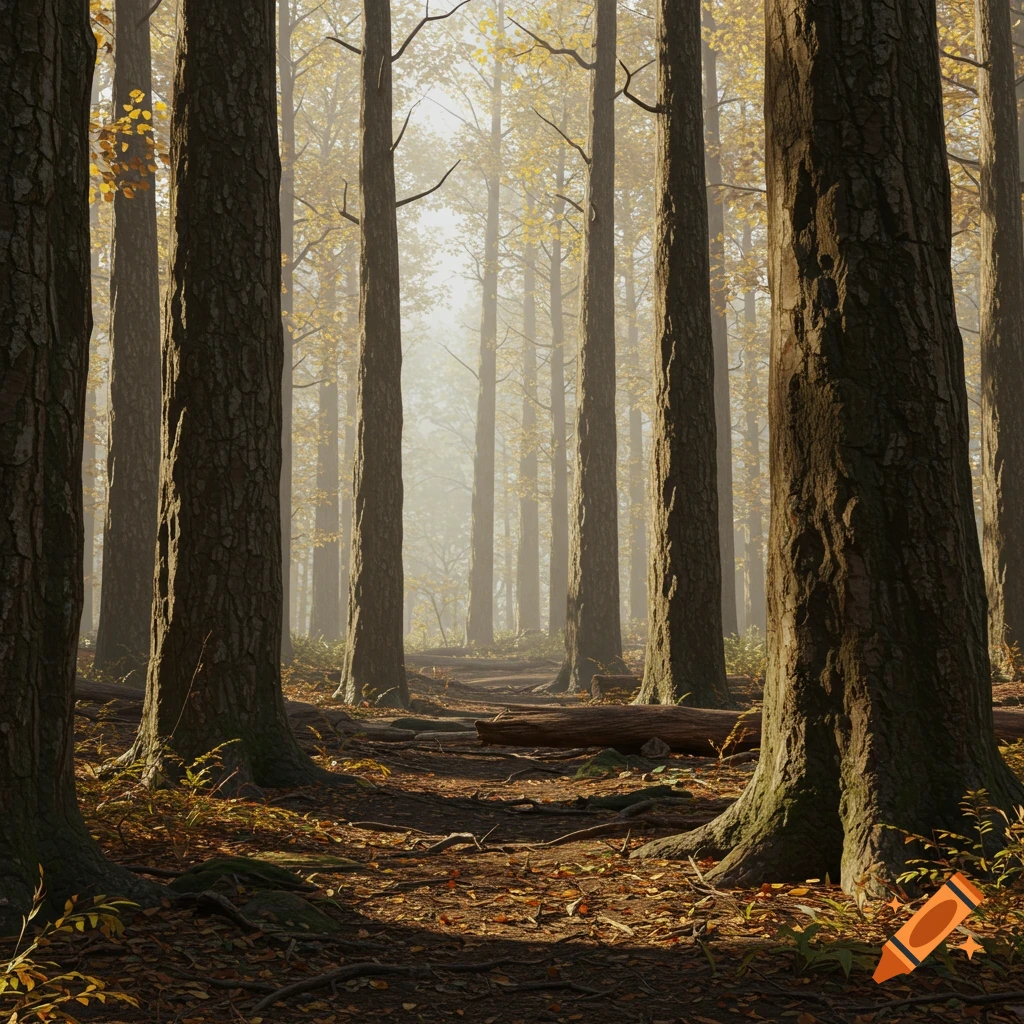 A photorealistic image of a path winding through a dense autumn forest with tall trees and fallen leaves, illuminated by hazy light.