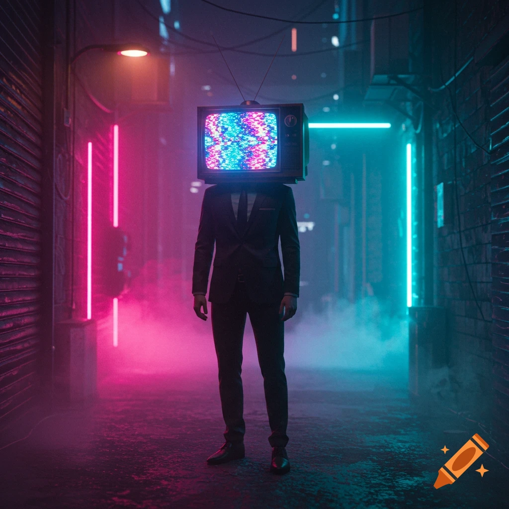 Person in a suit with a static TV head stands in a foggy, neon-lit cyberpunk alley.