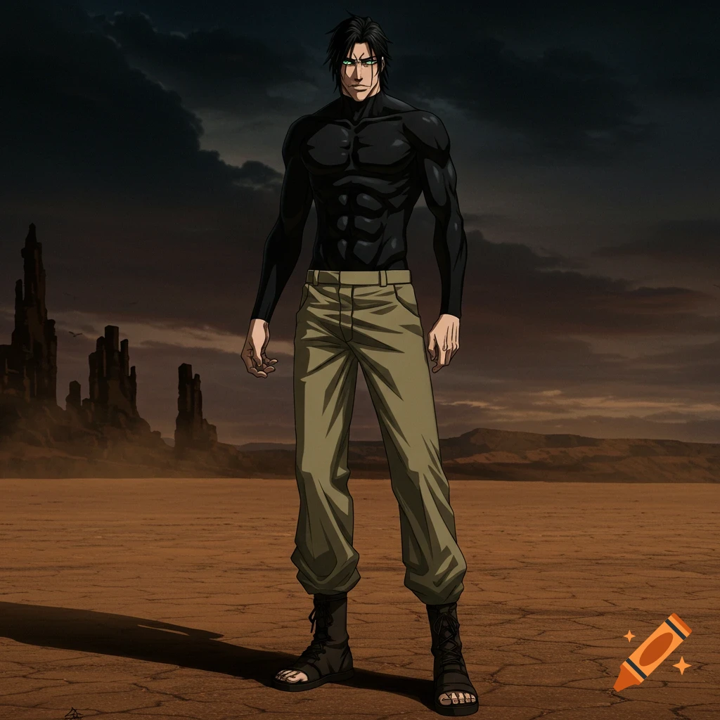 Anime-style muscular man with black hair, green eyes, wearing a black top and beige pants, standing in a dark desert.