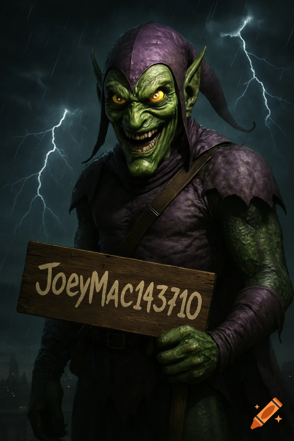 A grinning, green-skinned Goblin in a purple costume with yellow eyes, holding a sign that reads 'JoeyMac143710' against a stormy sky with lightning.