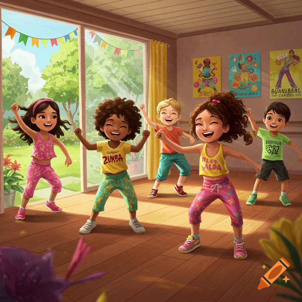 Five happy children with diverse appearances are dancing enthusiastically in a bright studio, with colorful banners and posters in the background. The art style is a vibrant, cartoonish illustration.