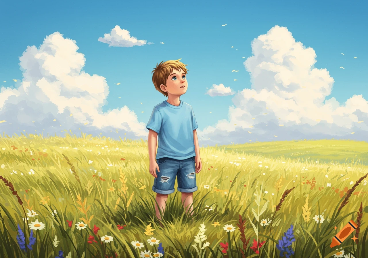 An illustrated boy in a blue shirt and jean shorts stands in a sunny field of green grass and wildflowers, looking up at the blue sky with white clouds.