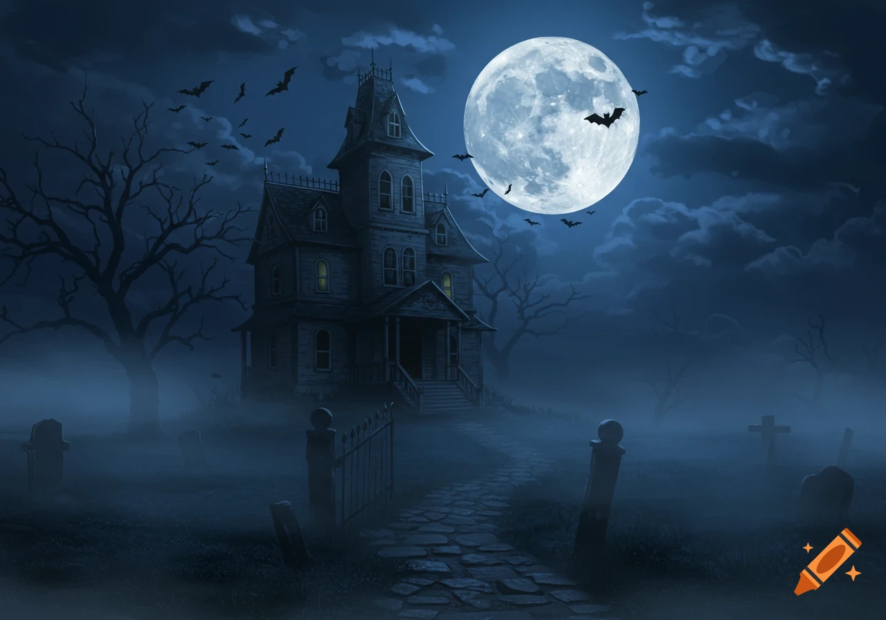 A spooky, mist-shrouded haunted house with glowing windows under a large full moon, with bats flying, and tombstones in the foreground, in an illustrative style.
