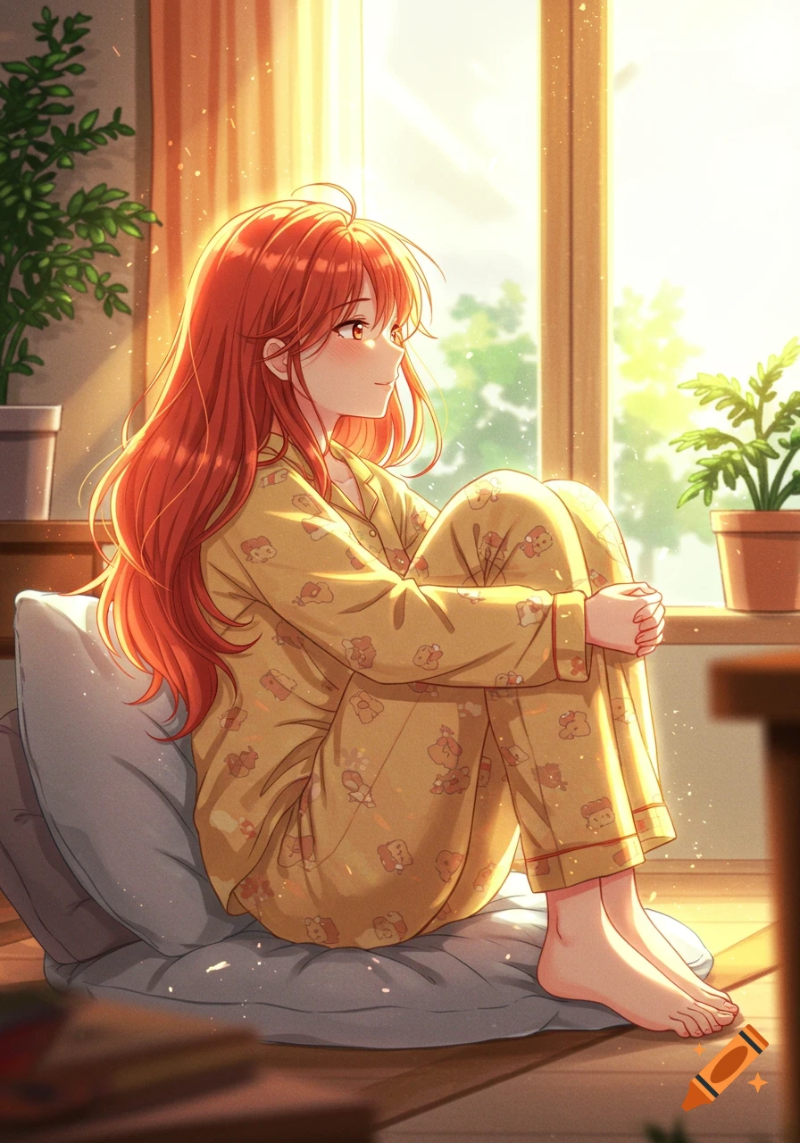 Anime woman with long red hair in yellow pajamas sitting on a pillow by a sunlit window, looking outside.