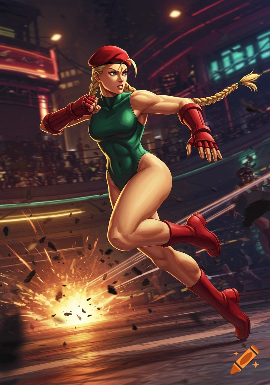 Cammy White in green leotard performs a Spiral Arrow move, leaping with an explosion in a fighting arena, comic illustration.