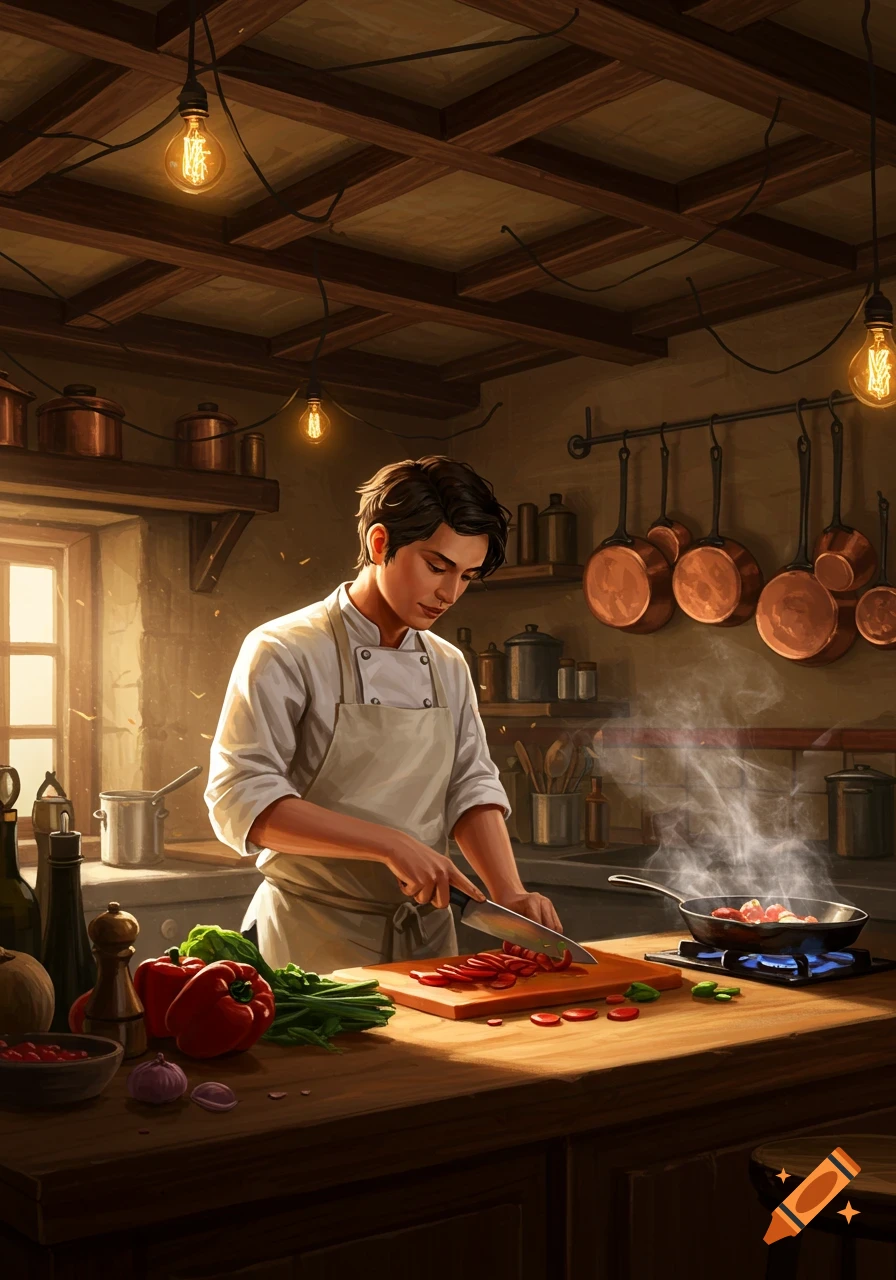 A male chef chops red bell peppers on a cutting board in a rustic kitchen with hanging copper pots and cooking steam, in an illustrative style.