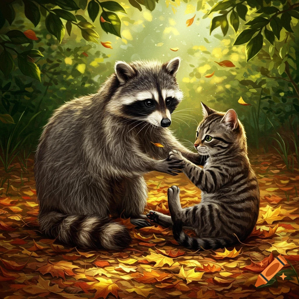 A stylized illustration of a raccoon and a tabby kitten playing in a forest filled with autumn leaves.