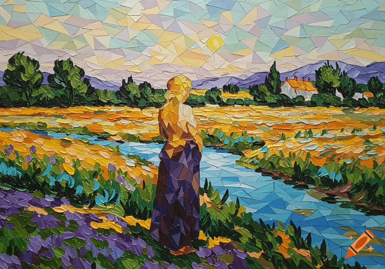 A mosaic-style painting of a woman in a field of yellow and purple flowers, looking at a stream, with distant houses and mountains under a sunlit sky.