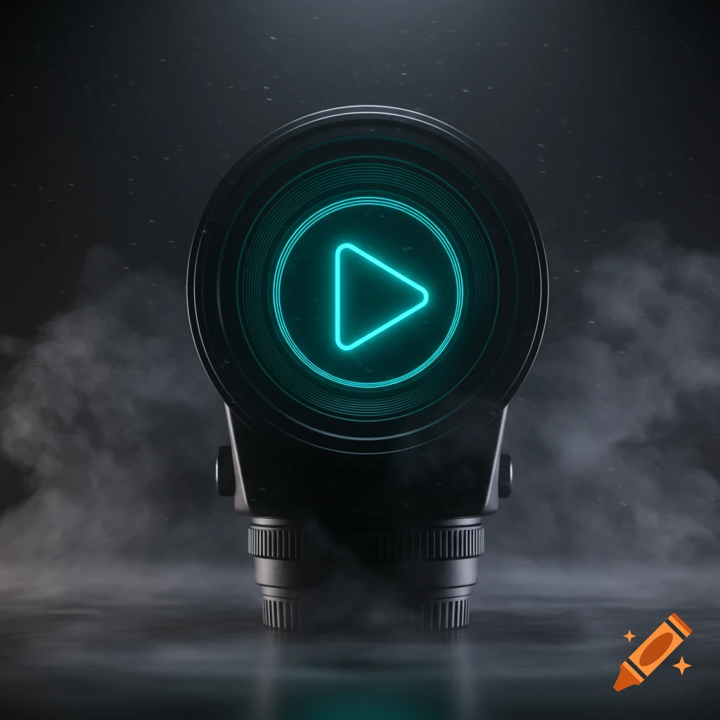 A dark, stylized camera lens with a glowing turquoise play button symbol at its center, surrounded by mist.