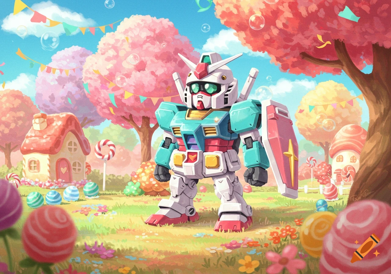 A cute, stylized Gundam robot stands in a vibrant candy land with pink trees, mushroom houses, and lollipops.