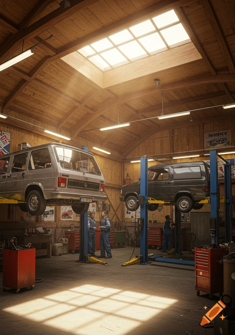 Photorealistic image of a wooden car repair shop with two vans on lifts, and two mechanics working below.