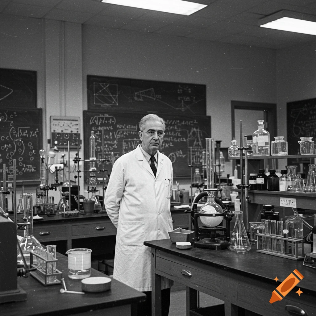 A male scientist in a lab coat stands in a vintage black and white laboratory filled with equipment and blackboards.