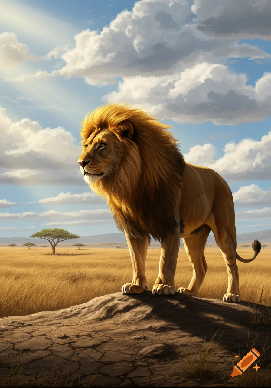 A majestic lion stands on a rocky mound in a golden savanna with a blue sky, its golden mane flowing in the wind.