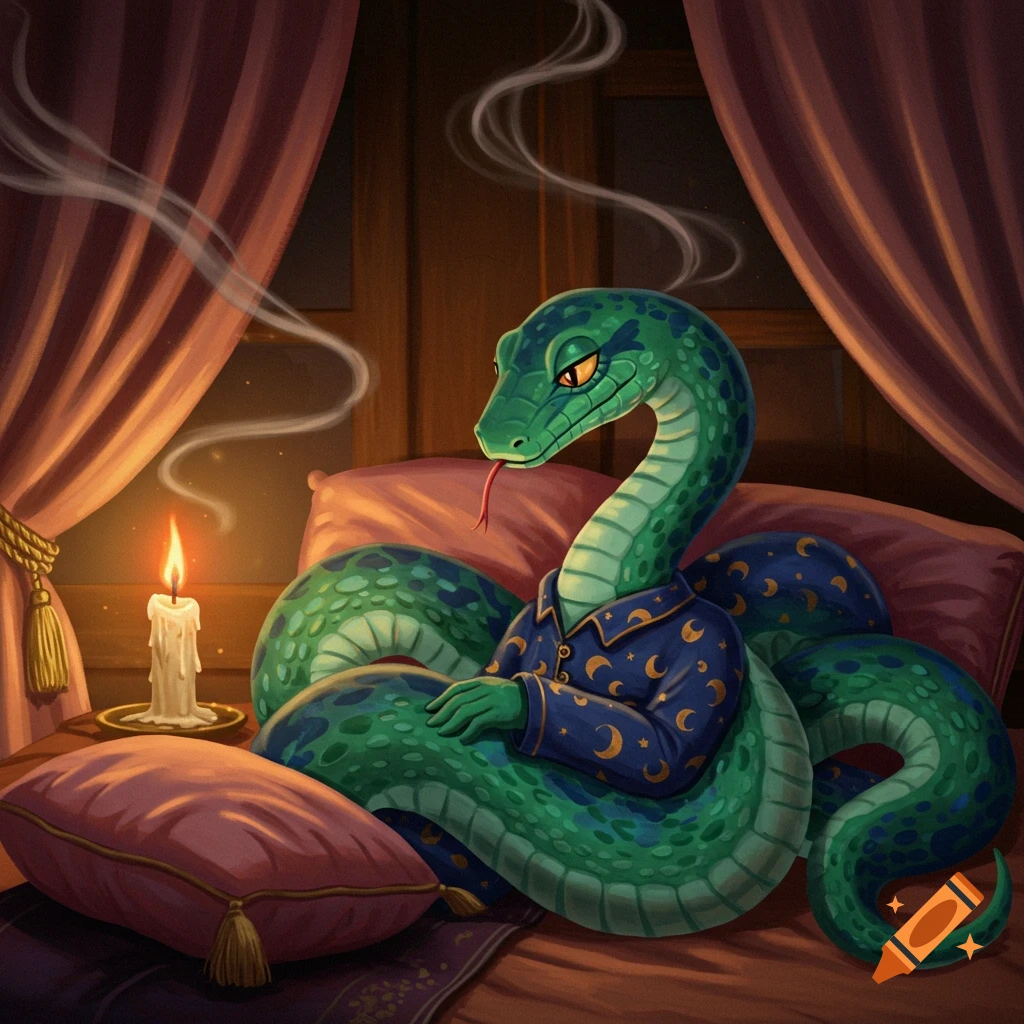 A green snake wearing blue pajamas with moon and star patterns, lying in bed next to a lit candle in a cozy room.