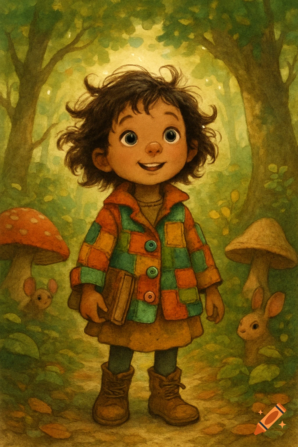 A smiling cartoon girl in a patchwork coat holds a book in a whimsical forest with mushrooms and small animals, in a storybook illustration.