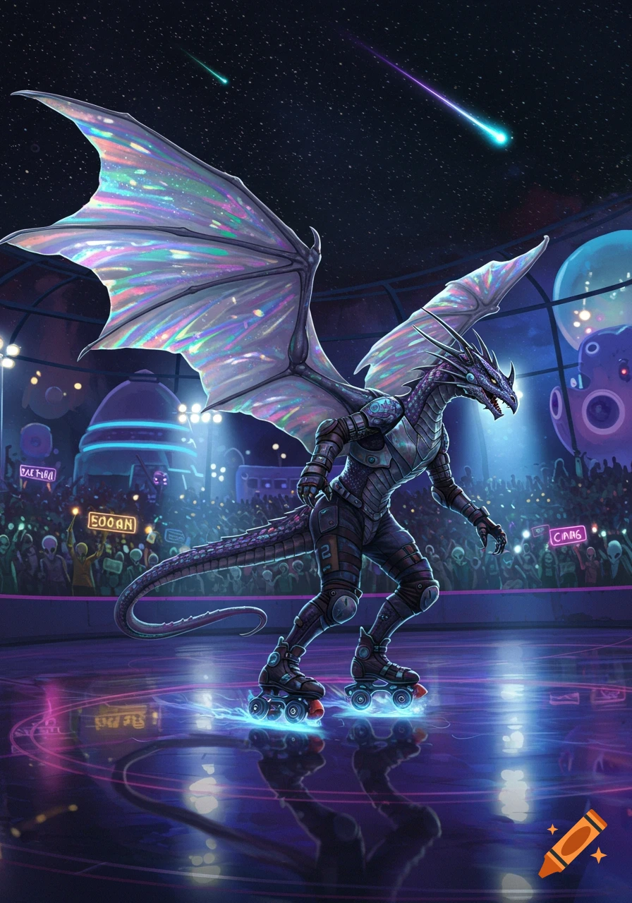 An armored dragon on roller skates with iridescent wings glides in a futuristic alien roller derby arena under a starry sky.