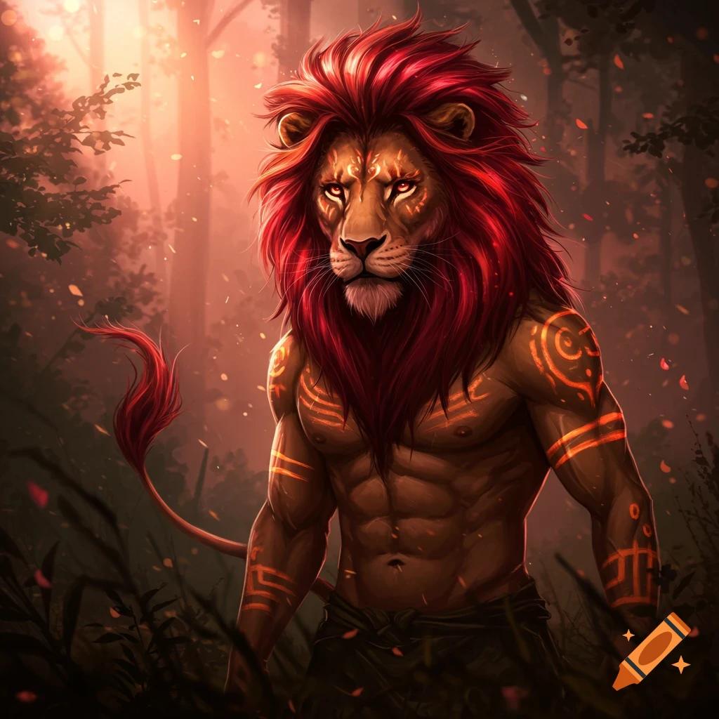 Muscular anthropomorphic lion with a red mane and glowing tribal tattoos stands in a mystical, reddish forest.