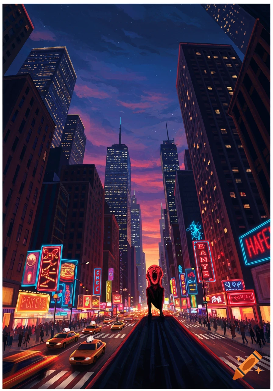 A stylized cityscape at dusk with towering buildings, glowing neon signs, yellow taxis, and a central figure resembling Edvard Munch's "The Scream."