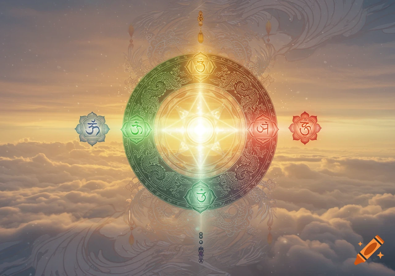 A vibrant spiritual mandala with chakra symbols and intricate dragon motifs, floating above clouds during a sunrise.