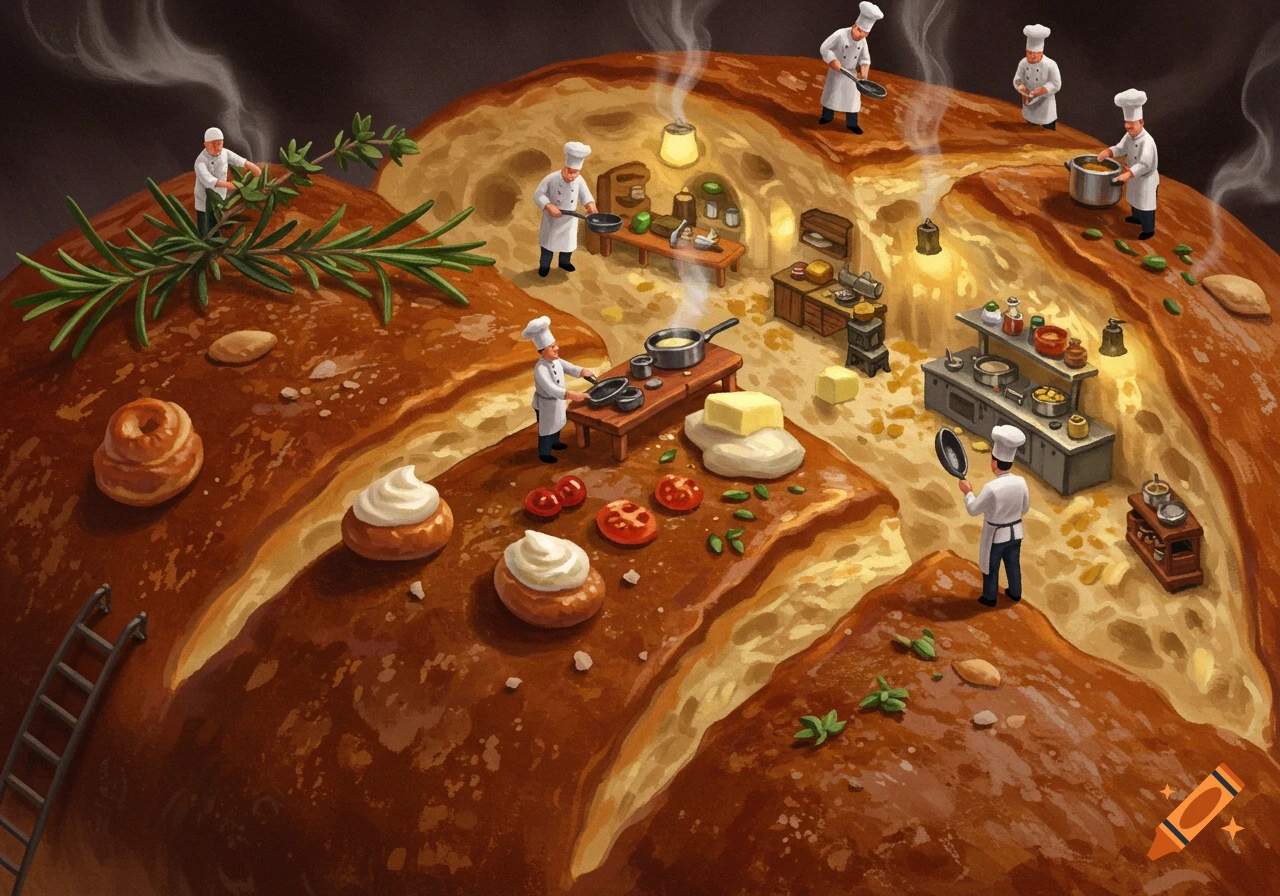 Miniature chefs cook on a giant loaf of bread, preparing various dishes with ingredients like butter, tomatoes, and herbs. A ladder leans against the bread.