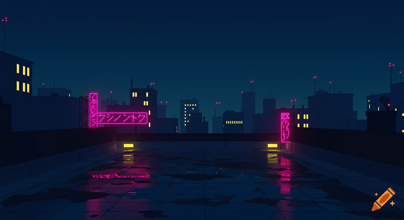 Minimalist vector art of a nighttime urban rooftop with dark buildings, neon pink signs, and wet pavement reflections under a dark blue sky.