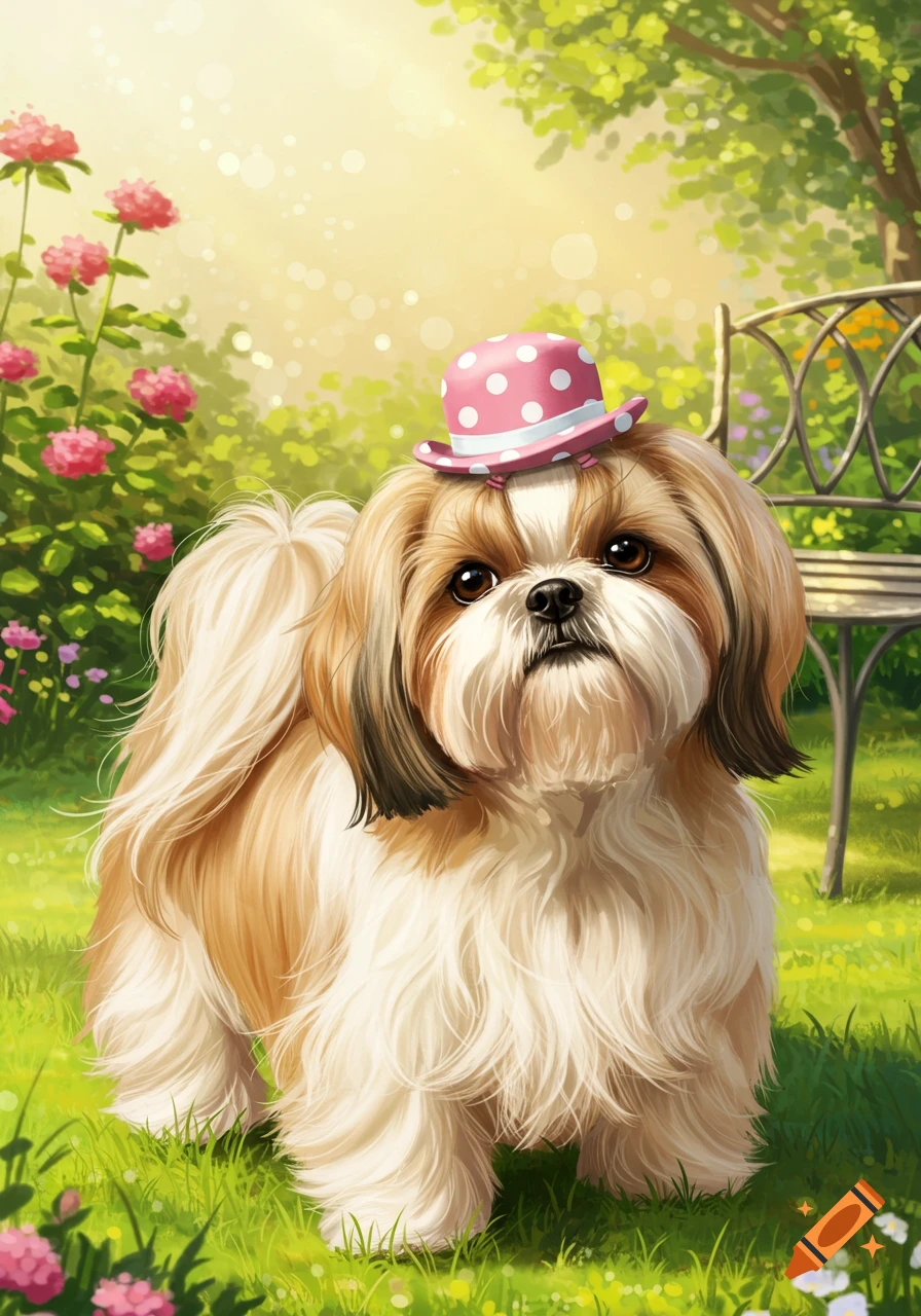 A fluffy Shih Tzu dog wearing a pink polka-dot hat, standing in a sunny, painterly garden with pink flowers and a bench in the background.