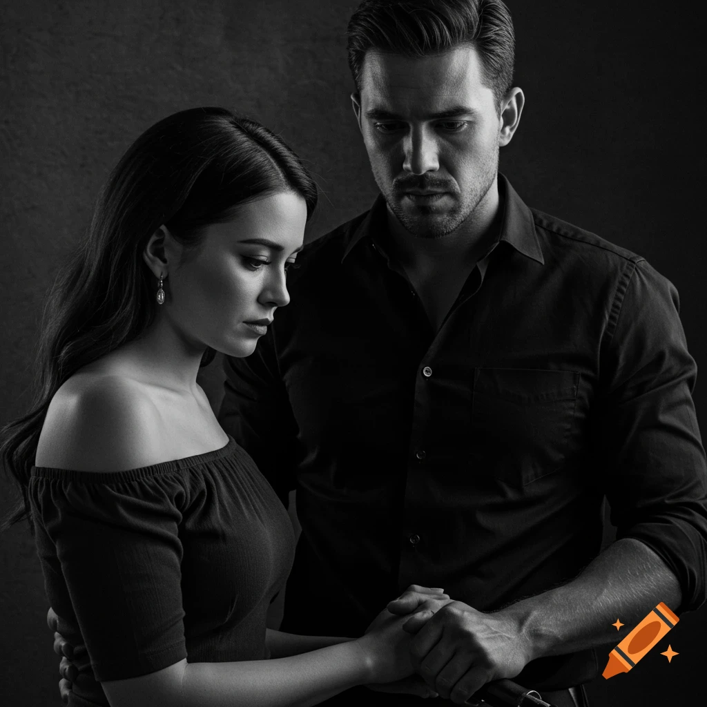 Black and white portrait of a somber man and woman. The man stands behind the woman, holding her hands.